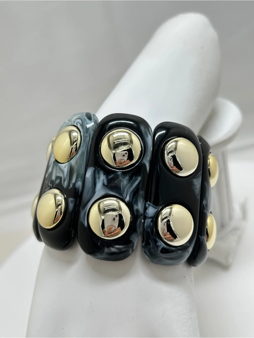 Black White And Gold Marbled Lucite Wide Bracelet, Stretch